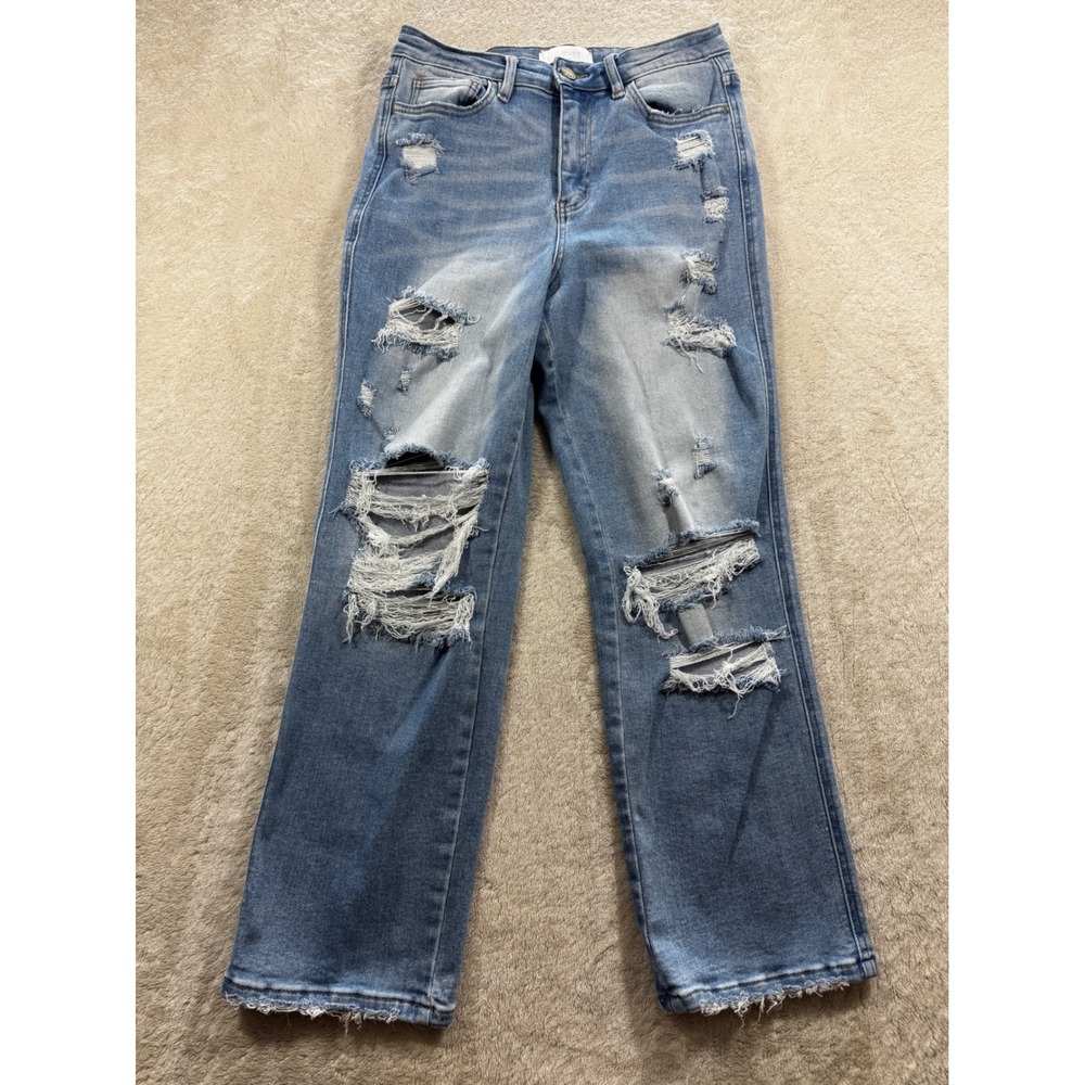 Vervet Women Distressed High Rise Straight Blue Jeans 28 Meas: 27x26